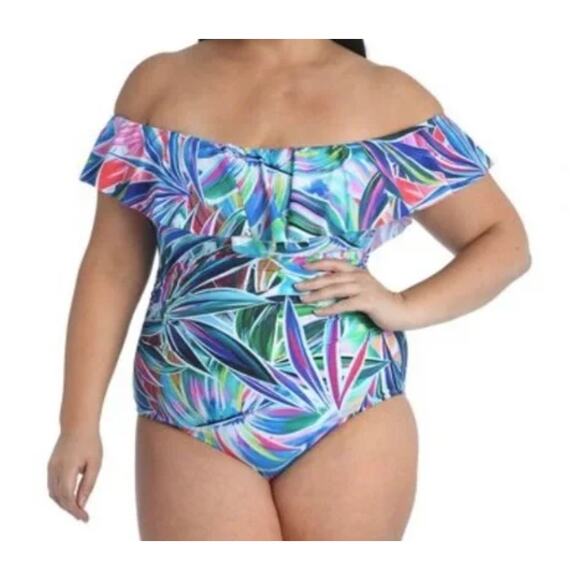 Swim Solutions Tummy Control Blue Palm Blue Purple One Piece Swimsuit Ruffle 16 - Picture 1 of 4